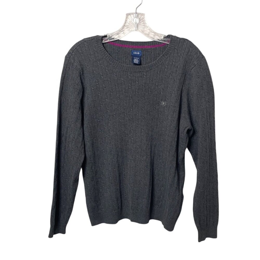 Izod Gray Cable Knit Sweater Women’s Size XL 100% Cotton Crewneck Long Sleeve